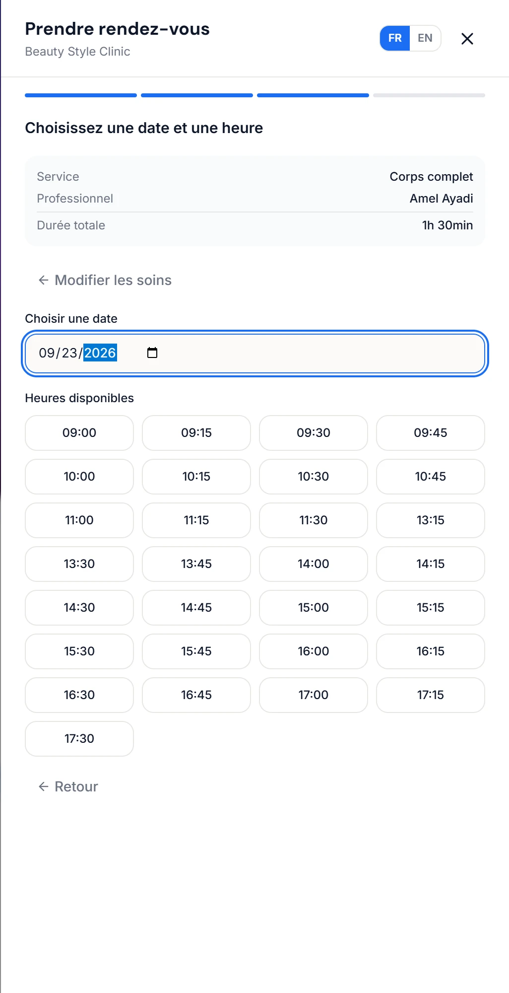 Choix du créneau dans la page de réservation, capture réelle